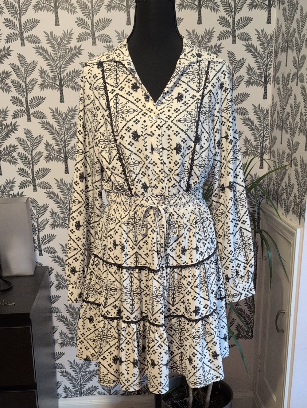 Pinch Black and White Printed Tiered Long Sleeve Dress